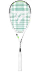Squash racket with a white handle and green strings on a white background