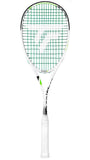 Squash racket with a white handle and green strings on a white background
