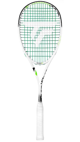 Squash racket with a white handle and green strings on a white background