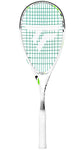 Squash racket with green and white design on a white background