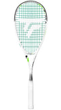 Squash racket with green and white design on a white background