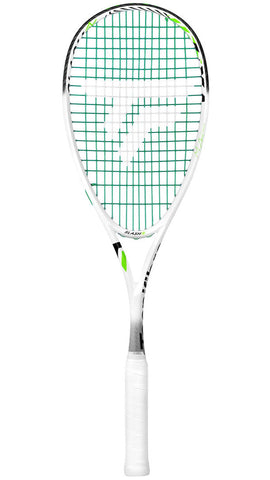 Squash racket with green and white design on a white background